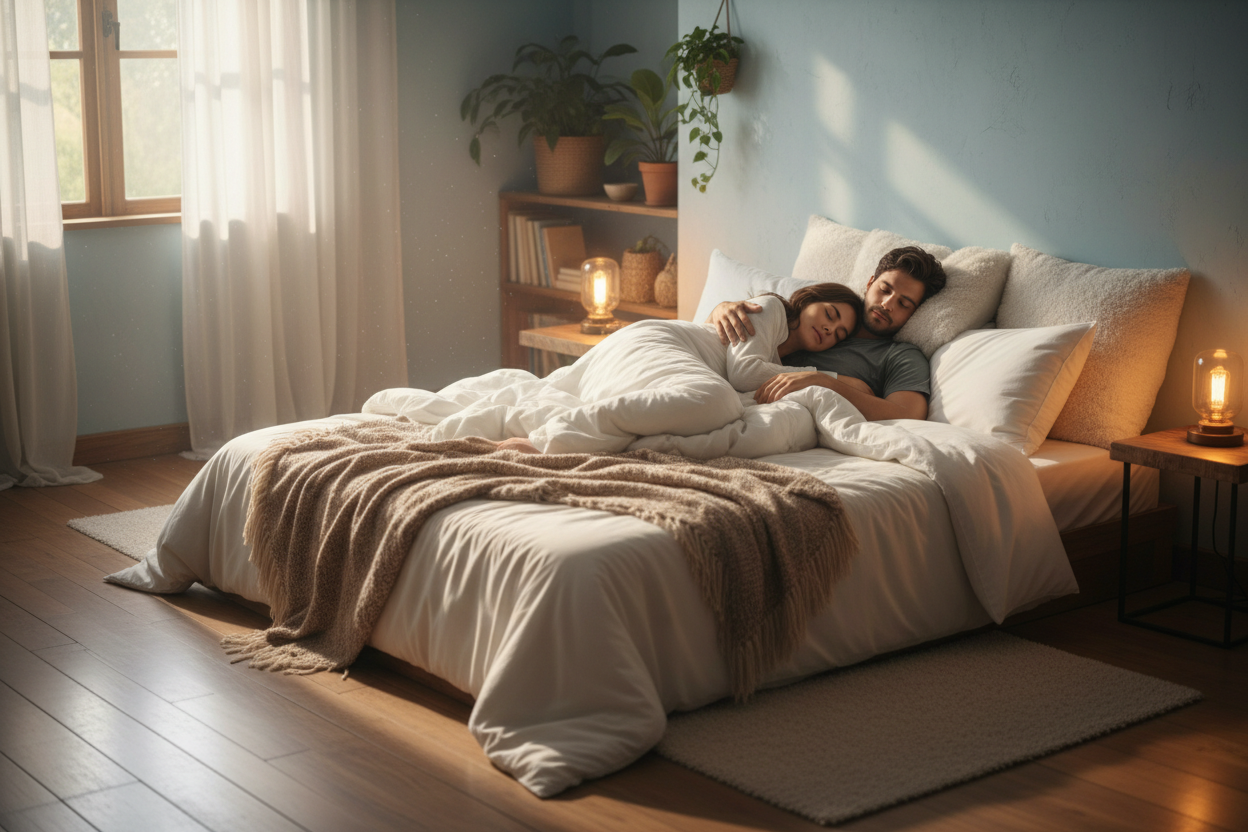 happy couple sleeping in bed